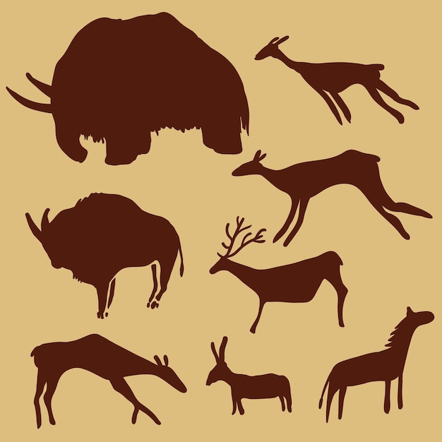 Conjunto vectorial de animales de pintura rupestre mamut ciervos caballo y buey