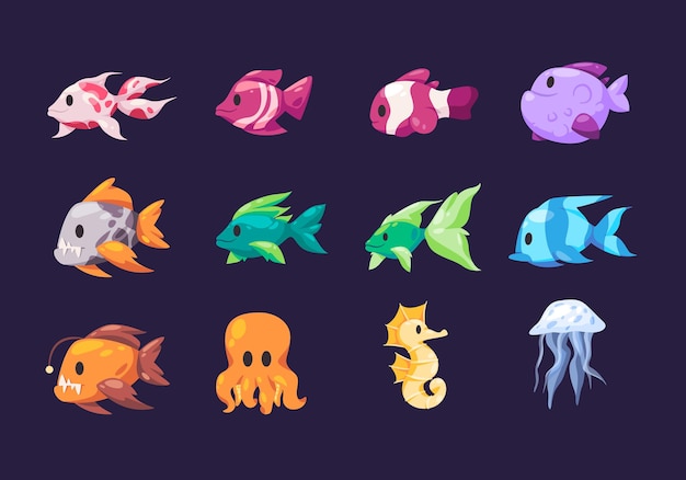 conjunto vectorial de animales submarinos como peces pulpo caballo de mar y medusas en la ilustración de dibujos animados