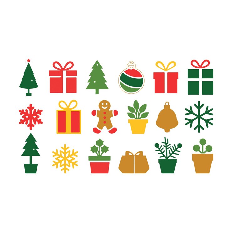 Conjunto vectorial de Año Nuevo con árboles de Navidad Árboles de hoja perenne con bolas estrellas y guirnaldas caja de regalos