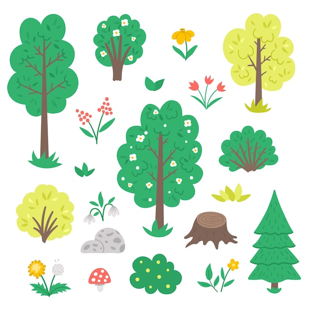 Vector conjunto vectorial con árboles de jardín o forestales, plantas, arbustos, arbustos, flores aisladas en fondo blanco. bosque de primavera plana o ilustración de granja. colección de iconos de vegetación natural