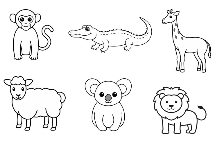 Conjunto vectorial de arte animal cocodrilo jirafa koala mono león oveja