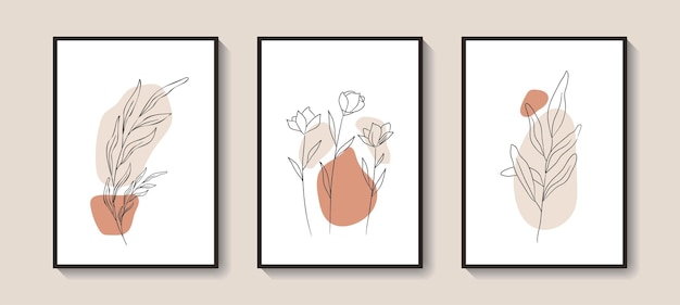 Conjunto vectorial de arte botánico de pared dibujo artístico de línea de follaje y flor con forma abstracta para impresión co