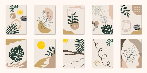 Conjunto vectorial de arte mural botánico Tono de la tierra Boho follaje dibujo de arte de línea con forma abstracta Abstrac