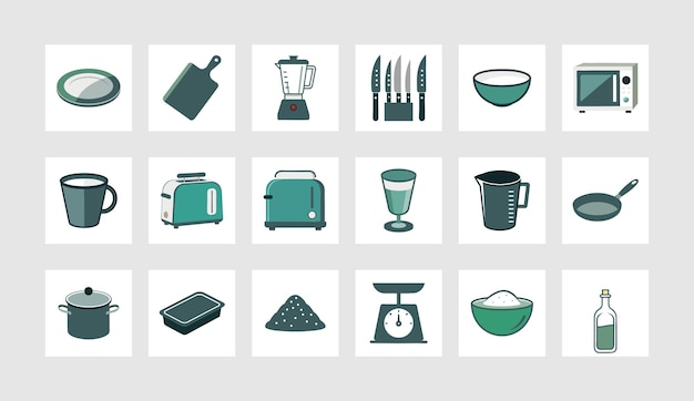 Conjunto vectorial de artículos esenciales de la cocina