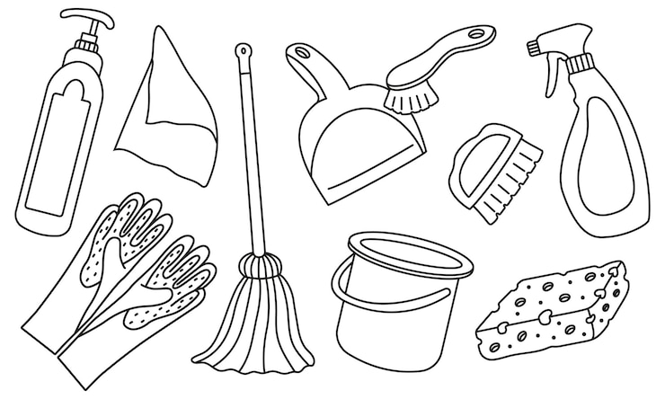 Vector conjunto vectorial de artículos de limpieza de primavera en estilo doodle ilustración lineal para diferentes diseños