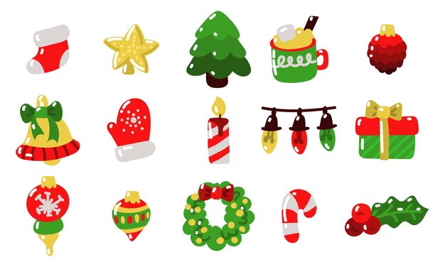 Conjunto vectorial de artículos navideños, elementos y decoraciones, incluidas cajas de regalos para árboles de Navidad, velas
