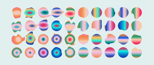 Conjunto vectorial de asombrosos gradientes de aura Y2K Paleta de colores experimental Elementos geométricos para el diseño de logotipos de marcas en redes sociales Gran colección de elementos de diseño de big data de tecnología cibernética vanguardista
