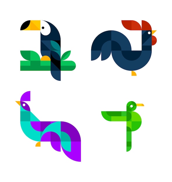 Vector conjunto vectorial de aves con formas geométricas minimalistas simples plantilla de colibrí faisán gallo tucán colorido mosaico de círculo cuadrado rectángulo ilustración abstracta plana aislada