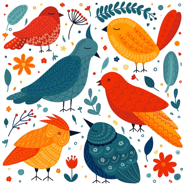 Conjunto vectorial de aves populares étnicas Conjunto de aves populares decorativas planas con adornos dibujados a mano