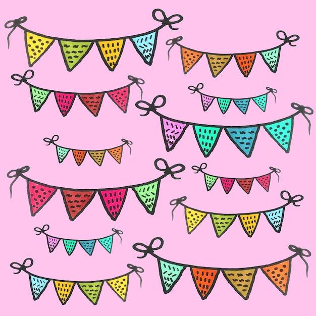 Vector conjunto vectorial de banderines de fiesta decorativos con diferentes tamaños y longitudes banderas de celebración guirnalda de arco iris decoración de cumpleaños banderas de colores colgantes