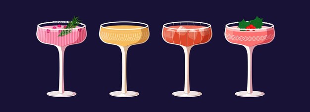 Conjunto vectorial de bebidas festivas de glamour en vasos de cristal con guarnición