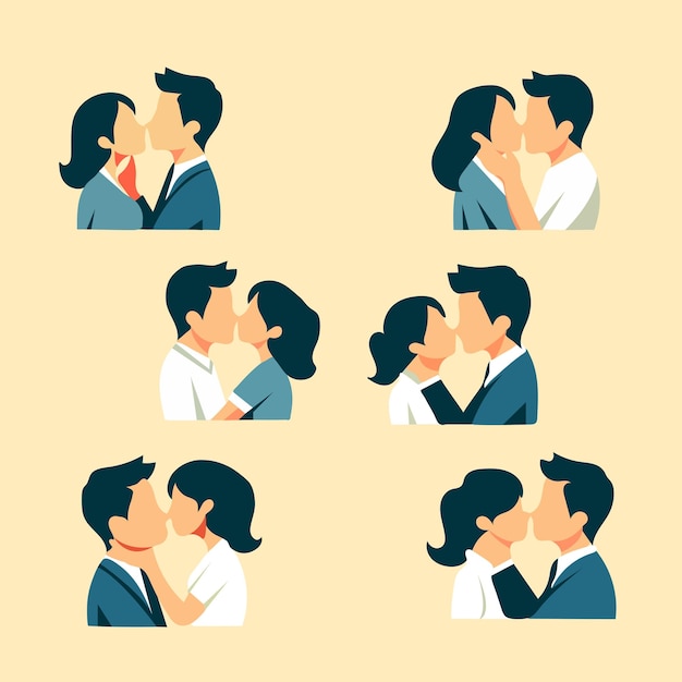 Vector conjunto vectorial de besos de pareja plana