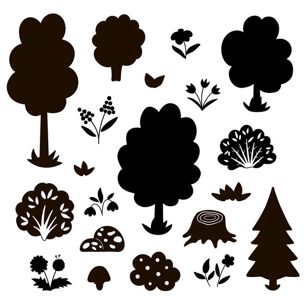 Conjunto vectorial en blanco y negro con árboles de jardín o bosque, plantas, arbustos, arbustos, flores, siluetas, bosque de primavera o granja, ilustración negra, colección de iconos de vegetación de sombra naturalxA