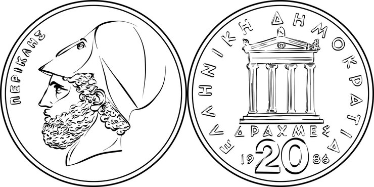 Vector conjunto vectorial en blanco y negro dinero griego dracmas moneda anverso con péricles reverso partenón