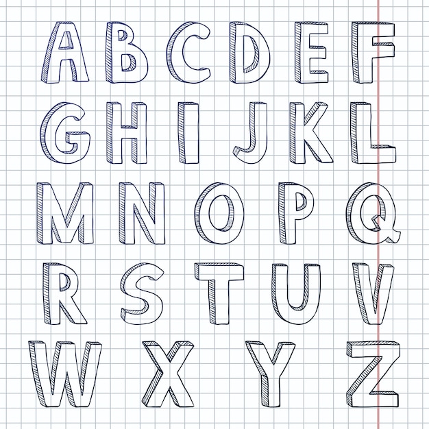 Conjunto vectorial de bocetos letras del alfabeto inglés dibujadas a mano fuente tipo Doodle