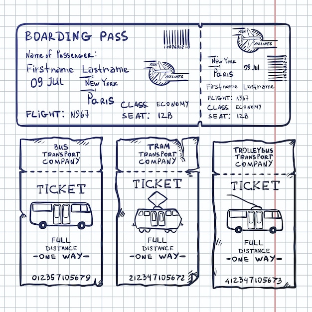 Conjunto vectorial de boletos de croquis para avión, autobús, tranvía y trolebús