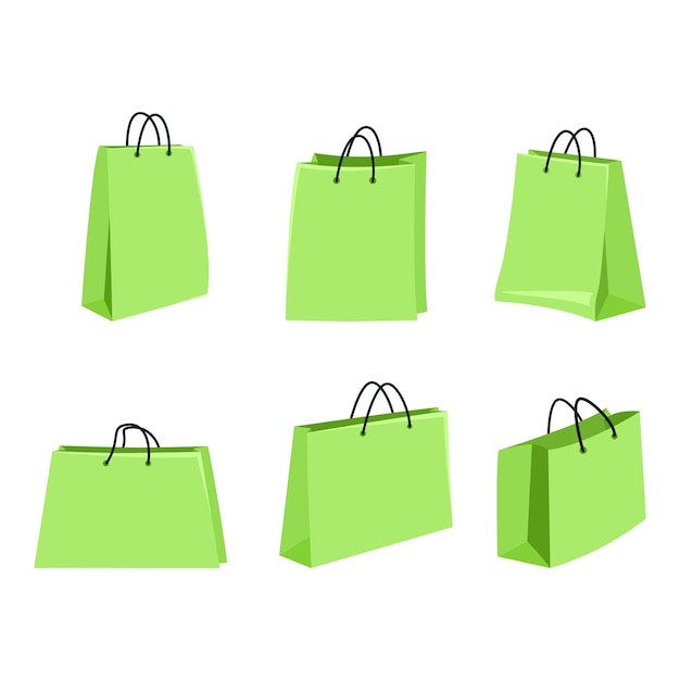 Conjunto vectorial de bolsas de compras planas de color verde claro sobre fondo blanco