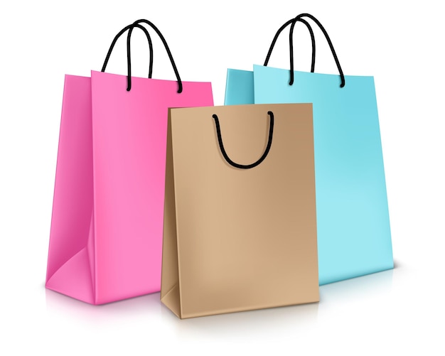 Vector conjunto vectorial de bolsas de compras vacías de colores realistas para promoción aisladas en fondo blanco.