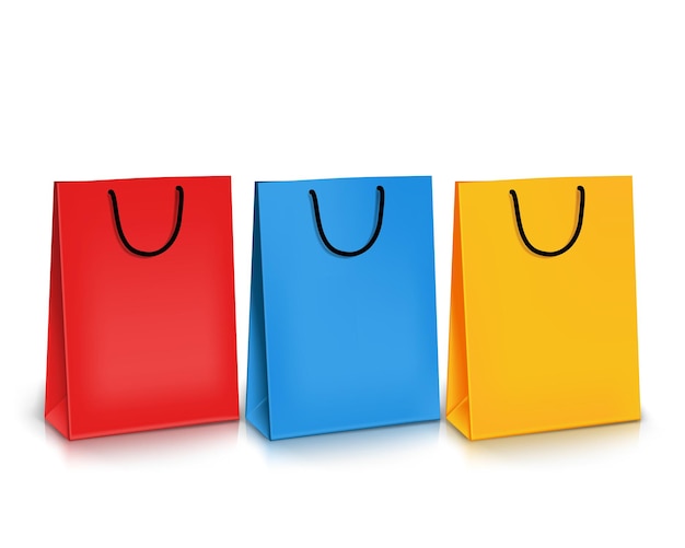 Vector conjunto vectorial de bolsas de compras vacías de colores realistas para promoción aisladas en fondo blanco.