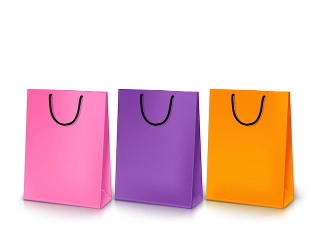 Vector conjunto vectorial de bolsas de compras vacías de colores realistas para promoción aisladas en fondo blanco.