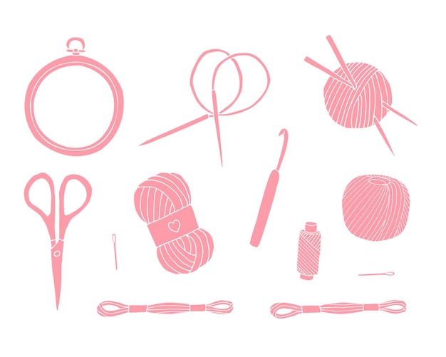 Conjunto vectorial de bordado y tejido de boceto rosa