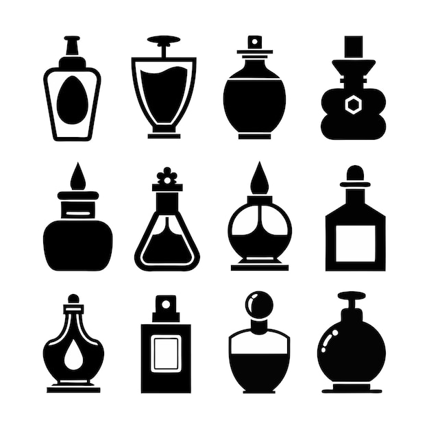Conjunto vectorial de botella de perfume en blanco y negro