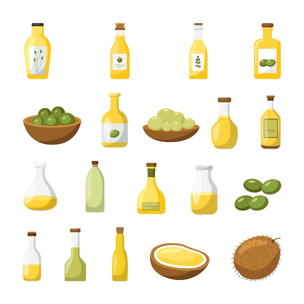 Conjunto vectorial de botellas dibujadas a mano con ilustraciones de aceites vegetales