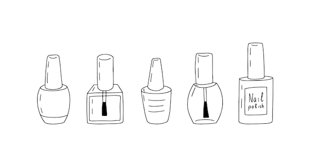 Vector conjunto vectorial de botellas de esmalte de gel esmalte de gel de uñas dibujado a mano en diferentes botellas