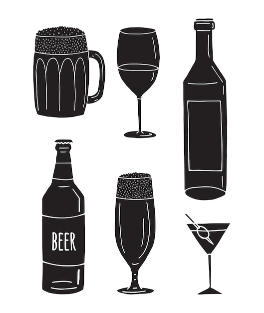 Vector conjunto vectorial de botellas y vasos de alcohol