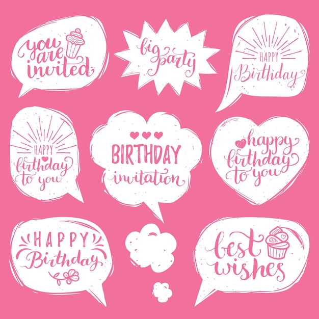 Conjunto vectorial de burbujas de discurso cómico con inscripciones de feliz cumpleaños conjunto de caligrafía para tarjetas de felicitación, carteles, etc.