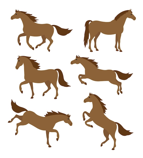 Vector conjunto vectorial de caballo dibujado a mano de dibujos animados planos