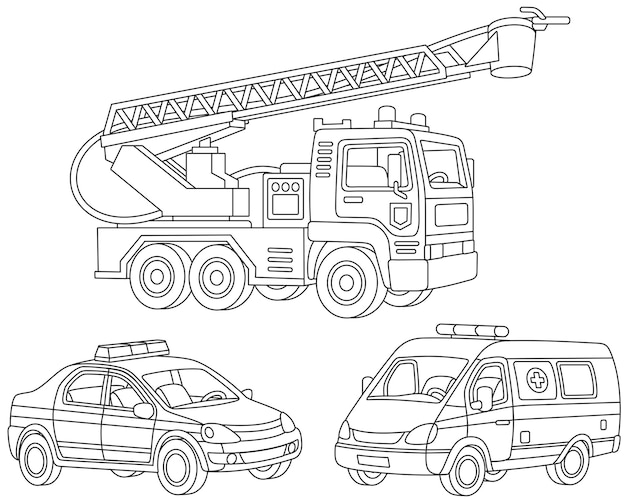 Conjunto vectorial de un camión de bomberos, un coche de ambulancia y un coche de policía, ilustraciones en blanco y negro
