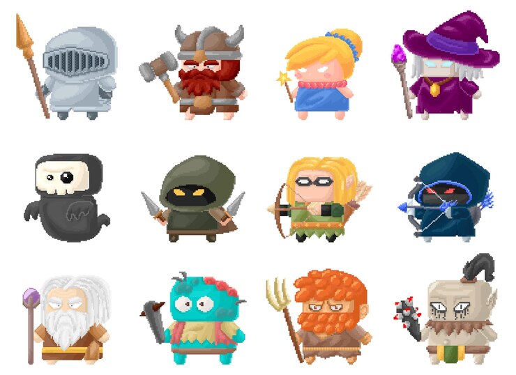 Vector conjunto vectorial de caracteres chibi variados en estilo de arte de píxeles