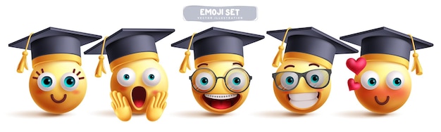 El conjunto vectorial de caracteres emoji de estudiantes, los emojis de graduados de la escuela, los personajes de clip art en estado de shock feliz