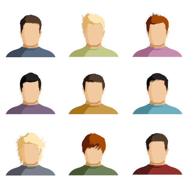 Conjunto vectorial de caras planas con diferentes peinados