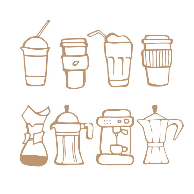 Conjunto vectorial de la casa de café en color marrón Arte de línea clip art con máquina de géiser de filtro de taza