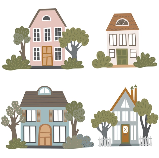 Conjunto vectorial de casas en lindo estilo plano varios colores brillantes y formas de casas