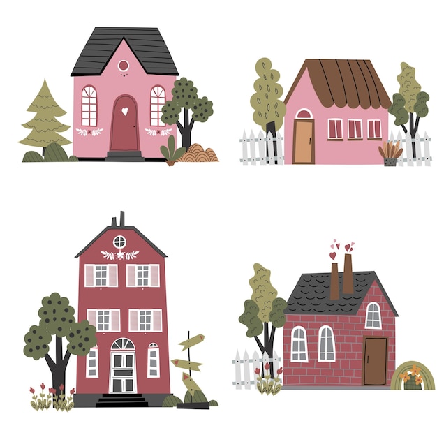 Conjunto vectorial de casas en lindo estilo plano varios colores brillantes y formas de casas