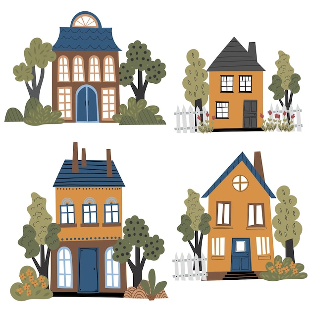 Conjunto vectorial de casas en lindo estilo plano Varios colores brillantes y formas de casas