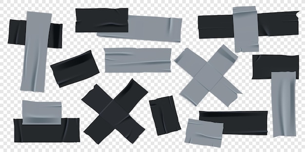 Conjunto vectorial de cinta adhesiva 3D realista negra y plateada Piezas rotas de cinta de enmascarado