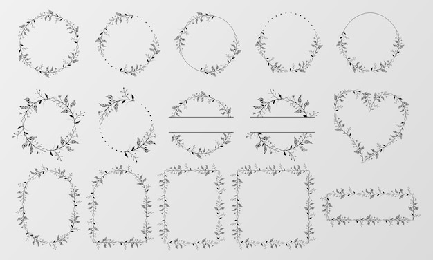 Conjunto vectorial de círculo de hojas de corona marco de borde para tarjeta de felicitación de boda