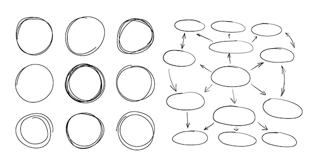 Conjunto vectorial de círculos dibujados a mano y plantilla de fondo de planificación Marcos en blanco Círculos de mapa mental y flechas aisladas sobre fondo blanco