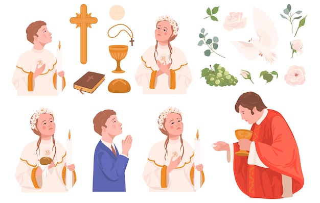 Conjunto vectorial de clip art de la Primera Comunión Niño y niña orando sacerdote dirigiendo la Eucaristía Grial pan de la iglesia Biblia rosario paloma blanca crucifijo flores decoradas altar Símbolos del cristianismo