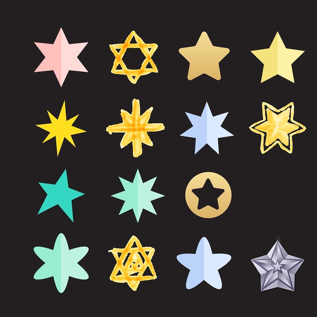 Conjunto vectorial de colección de estrellas Colección de estrellas doradas y negras aisladas sobre un fondo transparente