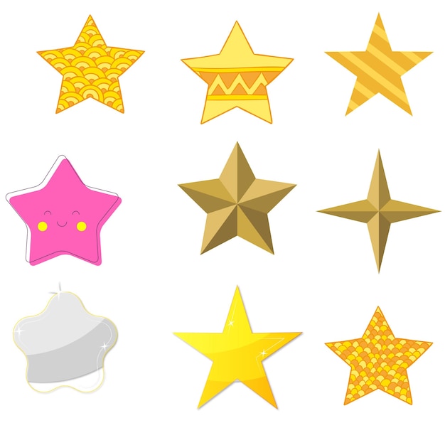 Conjunto vectorial de colección de estrellas Colección de estrellas doradas y negras aisladas sobre un fondo transparente
