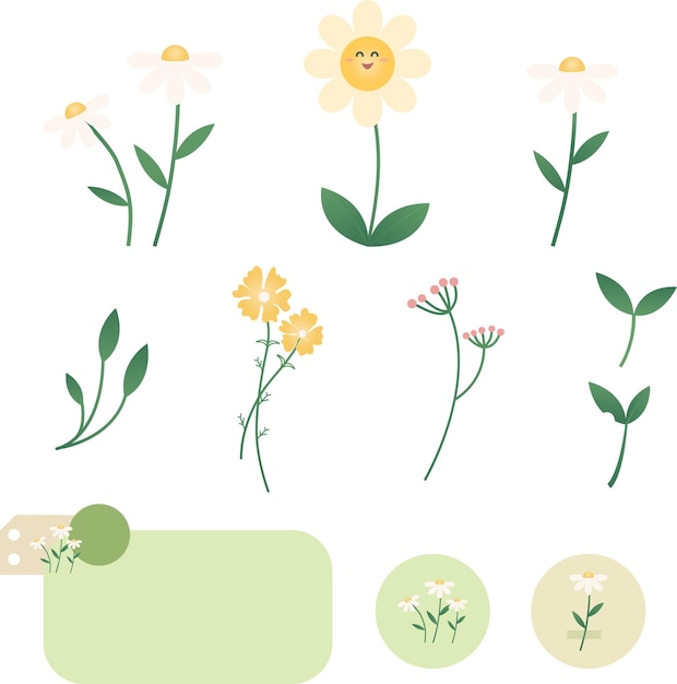 Conjunto vectorial de colección de flores lindas con pegatinas de notas de planificador lindas