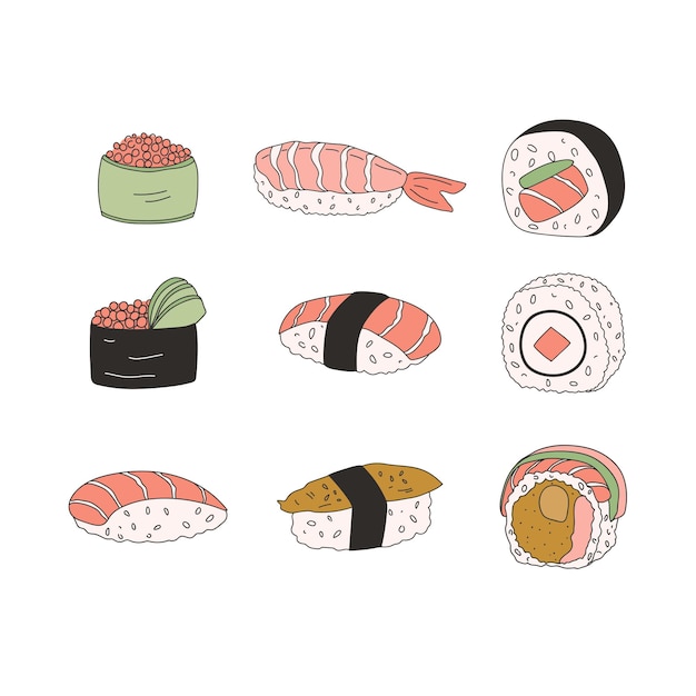 Conjunto vectorial de color dibujado a mano de diferentes tipos de sushi. comida japonesa