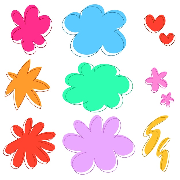 Conjunto vectorial colorido con flores abstractas en estilo doodle Rojo rosa púrpura azul verde