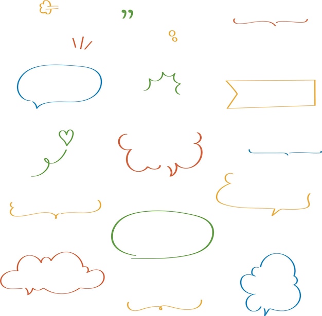 Conjunto vectorial de colorido marco de estilo doodle y linda burbuja de escritura japonesa