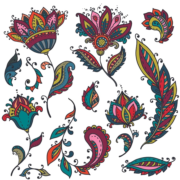 Conjunto vectorial de coloridos elementos florales de henna basados en adornos asiáticos tradicionales. Colección Paisley Mehndi Tattoo Doodles.